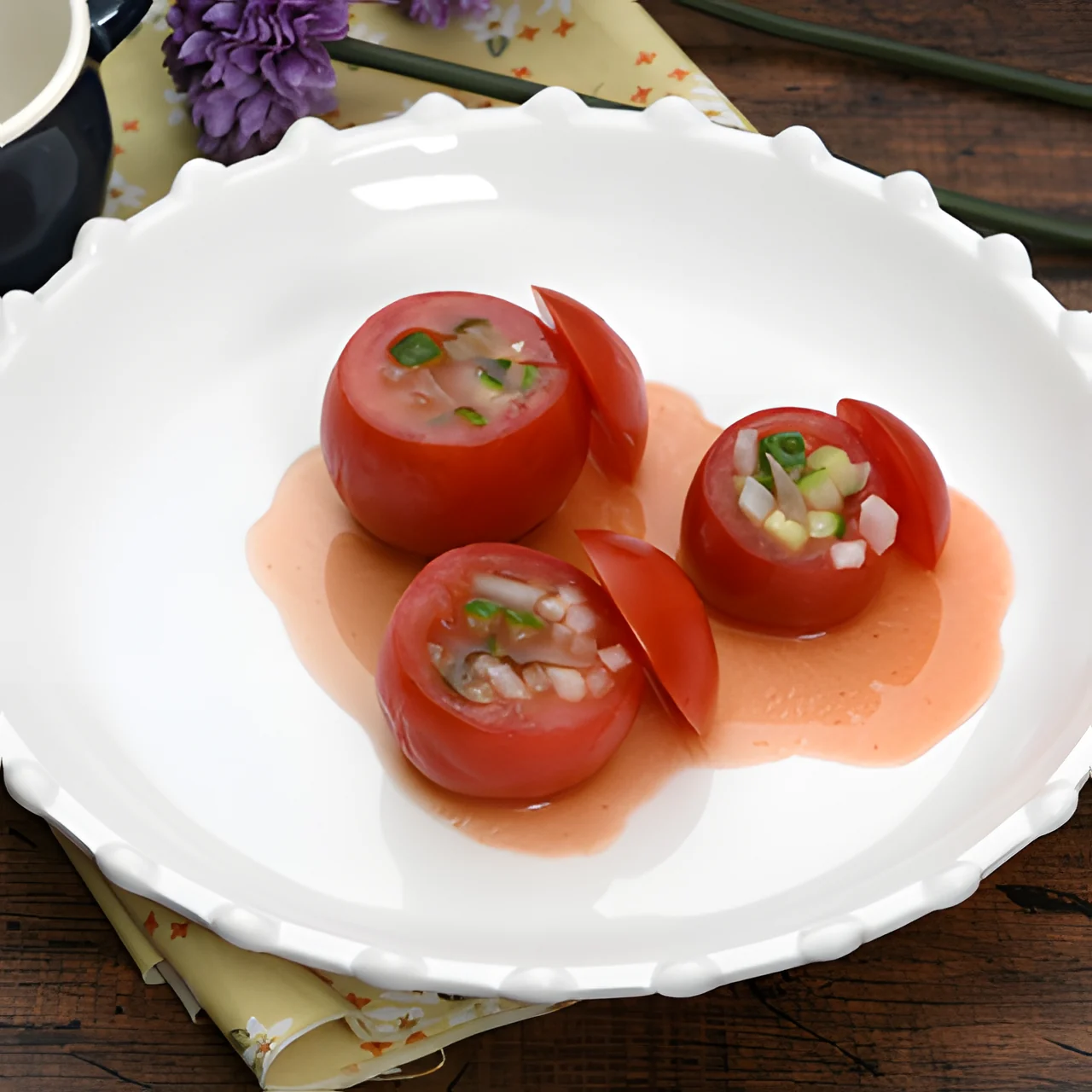 채소를 채운 토마토컵 완성 모습